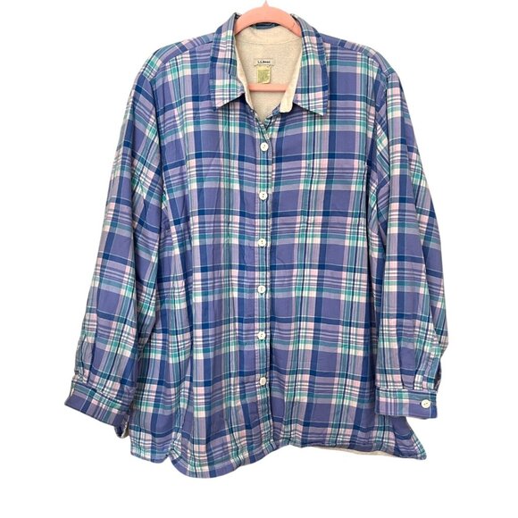 LL Bean Purple Plaid Fleece Lined Flannel Button Up Shirt Women's Plus Size 2XL - Picture 1 of 7